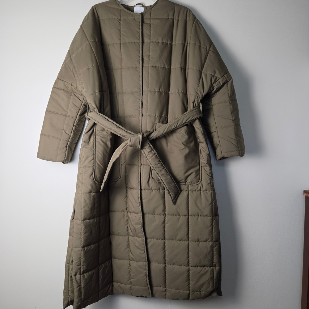 HM Womens XL Quilted Longline Coat Olive Green Belted Snap Front Puffer Jacket